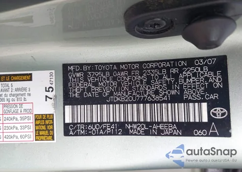 2007 Toyota Prius z USA, uszkodzony, nr VIN JTDKB20U777638541